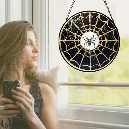 Stained Glass Window Hanging - Black Gold Spider Suncatcher for Door Terrace Garden Home Decor Halloween Sun Catcher Christmas Birthday Gifts for Lovers Women Men Dad Mom Nana 6.3 in