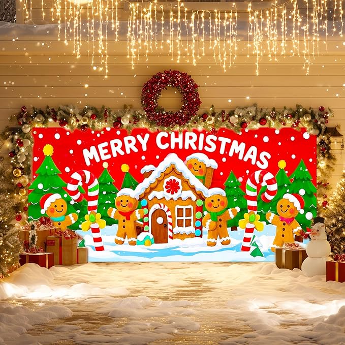 IVN Christmas Garage door banner Gingerbread House Candy Cane Characters Snowy Trees Door Cover Indoor And Outdoor Studio Background Hanging Decoration 13x6ft