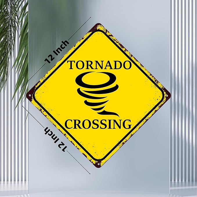 TOMATO FANQIE Funny Metal Warning Tornado Crossing XING Tin Sign Wall Décor Man Cave Bar Yard Decoration Signs Outdoor & Indoor Aluminum Metal Tin Sign 12" x12"