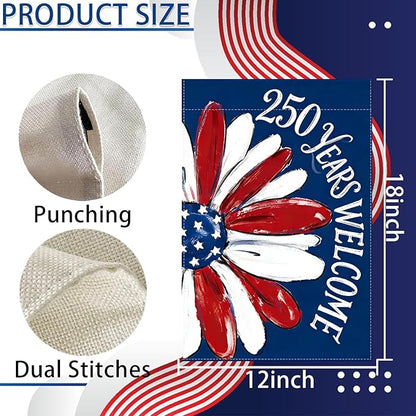 250th Anniversary Garden Flag, Red White Blue Sunflower Garden Flags, 250th Welcome Banner for Independence Day, 12x18 Inch Double Sided 4th of July Garden Flag for Yard & Outside Decor