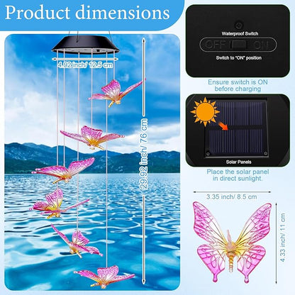 Retisee LED Solar Hanging Wind Chime, Outdoor Mobile Color Changing Light, Home Yard Garden Decoration Automatic Light Gift for Party Women Mom (Butterfly)
