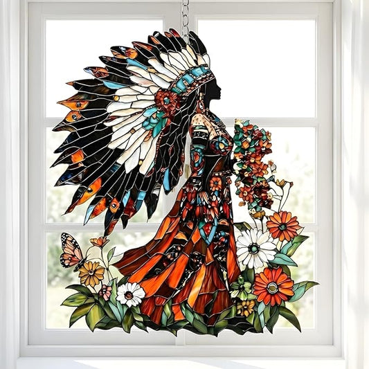 Native American Acrylic Suncatcher Colorful Window Hanging Ornament Sun Catcher Panel for Home Decor Car Garden Gift Tribal Woman Flowers Faux Stained Glass Suncatcher