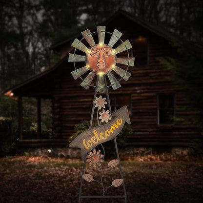 TERESA'S Collections Garden Decor with Solar Outdoor Lights, Wind Spinner Yard Art Sign for Outside, 37'' Bronze Metal Sun Face Windmill Decorative Garden Stake for Lawn Ornaments, Gifts for Mom