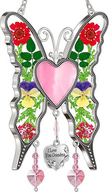 KY&BOSAM Heart Butterfly Suncatcher I Love You Grandma Stained Glass Panels Pink Heart for Windows Wind Chimes Metal Engraved Charm Gifts for Grandma Mothers Day Valentine's Birthday Christmas