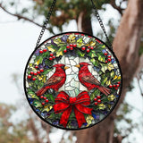 DASTOLL Stained Glass Window Hanging - Cardinals Green Wreath Suncatcher for Doors Home Christmas Decoration Red Bird Sun Catcher Thanksgiving New Year Birthday Gift for Women Men Mom Nana 14.9 in