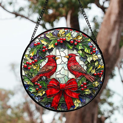 DASTOLL Stained Glass Window Hanging - Cardinals Green Wreath Suncatcher for Doors Home Christmas Decoration Red Bird Sun Catcher Thanksgiving New Year Birthday Gift for Women Men Mom Nana 14.9 in