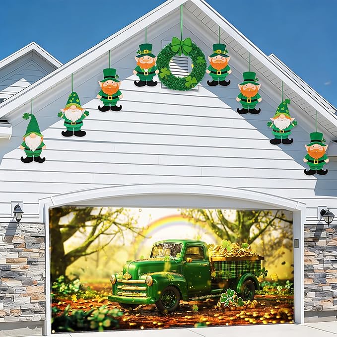 St Patricks Day Garage Door Banner 157.5x70.9in Large Garage Door Cover Outdoor Decorations Green Truck Shamrock Holiday Backdrop with 8 Grommets & 393.7in Rope