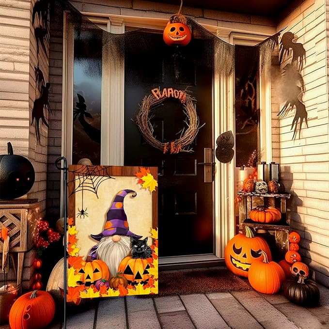 Fall Gnome Garden Flag Pumpkin Maple Leaf Garden Flags Seasonal Small Flag Double Sided Autumn Halloween Porch Patio Farmhouse Outdoor Decoration 12 x 18 Inch