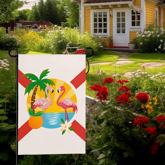 Florida Garden Flag Outdoor with Flamingos Palm Tree Orange Blossom Sunset Tropical Beach Scene House Banner Welcome Summer Spring Yard Porch Patio Seasonal Decoration Miami Vibes 12x18 Inch