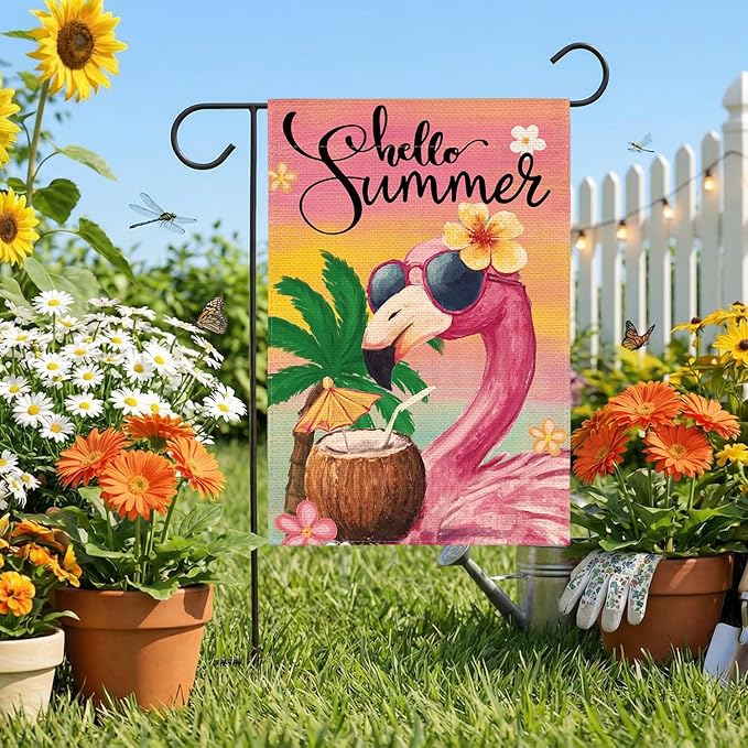 AVOIN colorlife Hello Summer Flamingo Garden Flag 12x18 Inch Double Sided Outside, Coastal Seasonal Yard Outdoor Flag