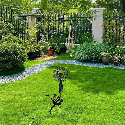 Flower Fairy Dancing with Dandelion Garden Sculpture,Angel Metal Ornaments Stainless Steel Statue Decorations,Wonderland Outdoor Yard Lawn Patio Stakes Sculptures Decor (D)