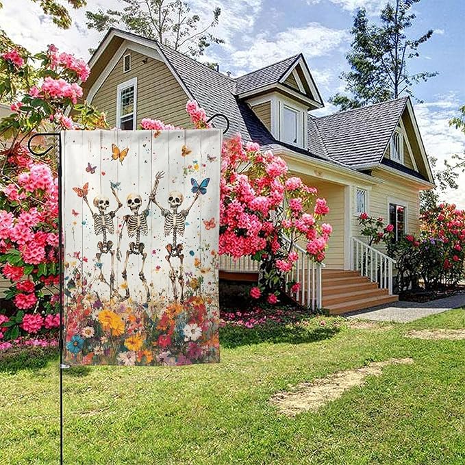 Skeleton Skull Wildflower Garden Flags 12×18 Inch Funny Double Sided Decorative Yard Banner Seasonal Flag for Outdoor Outside Decor