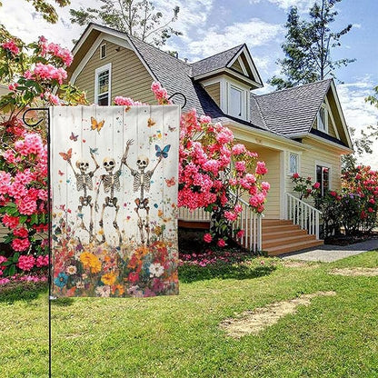 Skeleton Skull Wildflower Garden Flags 12×18 Inch Funny Double Sided Decorative Yard Banner Seasonal Flag for Outdoor Outside Decor