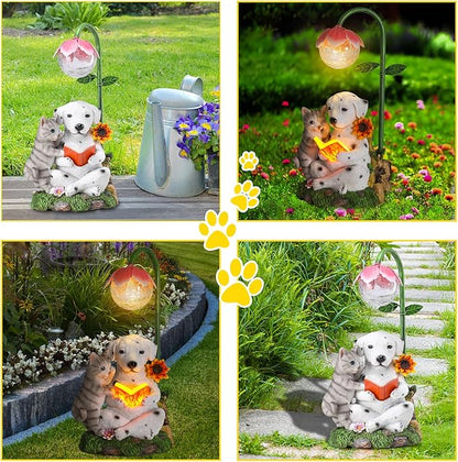 Afirst Solar Garden Statues, Dog Statues Outdoor Resin Figurine with Solar Lights Statue Decorations for Lawn, Patio, Balcony, Yard Ornament Mother's Day Gifts, Dalmatian and Cat, Dog&Cat