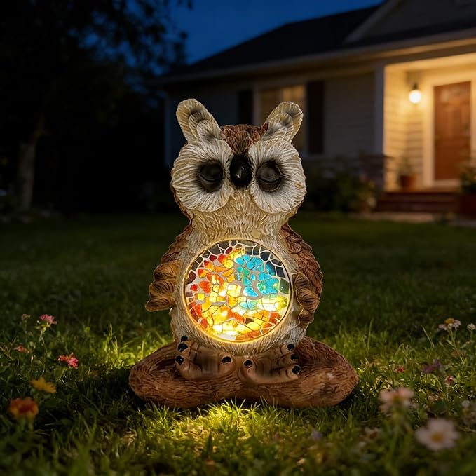 Solar Owl Garden Statues Decor for Outdoor, Brown Yoga Owl Figurine Lights for Lawn Patio Yard Decoration - Unique Christmas Housewarming Gift for Grandma Wowen Mom