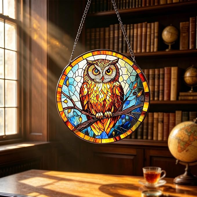 Owl Stained Glass Suncatcher,7.8-in Colorful Bird Window Hanging Ornament for Indoor & Outdoor Decor, Gift for Bird Lovers, Women, Mom, Grandma, Living Room, Garden, Porch, Housewarming