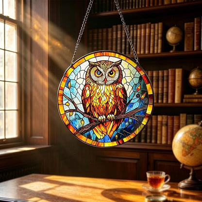 Owl Stained Glass Suncatcher,7.8-in Colorful Bird Window Hanging Ornament for Indoor & Outdoor Decor, Gift for Bird Lovers, Women, Mom, Grandma, Living Room, Garden, Porch, Housewarming