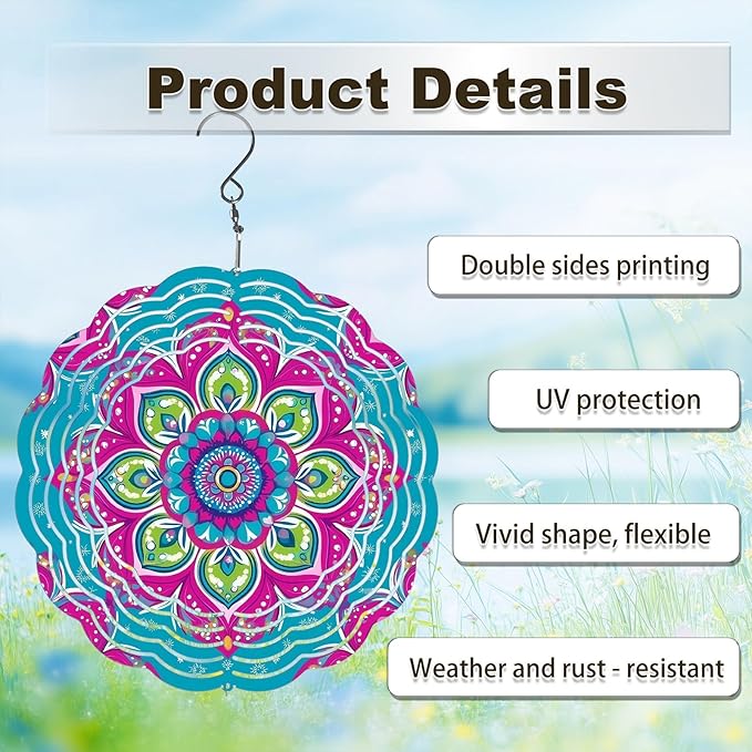 Wind Spinners Outdoor, Hanging Wind Spinner for Garden Decoration, 8 inch 3D Stainless Steel Metal Wind Sculpture for Indoor/Outdoor Decor, Mandala B