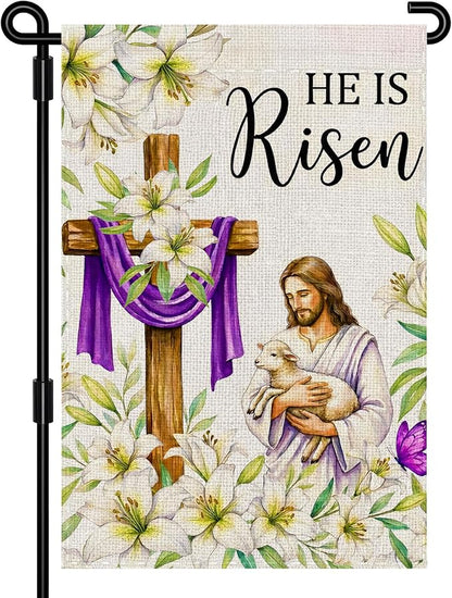 He Is Risen Easter Garden Flag 12x18 Inch Double Sided Outside flag, Jesus, Lamb, Cross, Bouquet of Lilies Yard Outdoor Easter Holiday Decoration