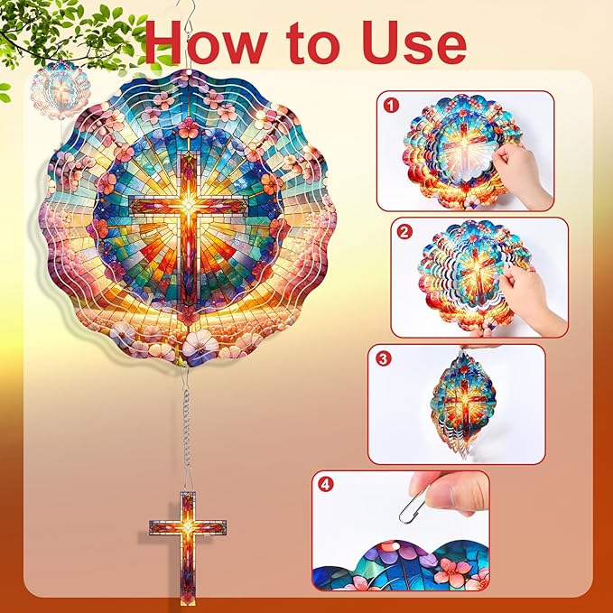Rngmsi Cross Wind Spinners Outdoor - Cross 3D Metal Yard Wind Spinner Hanging Decor Kinetic Art Garden Porch Thanksgiving Day Gifts for Women Mom Grandma, (12 X 12 Inches)