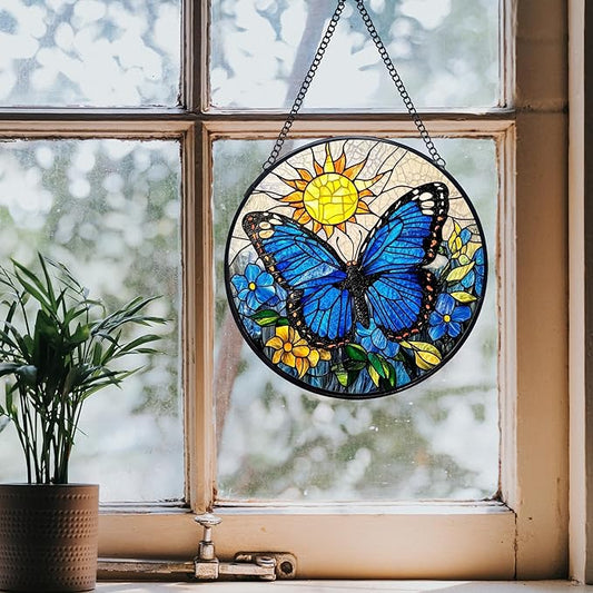 Butterfly Stained Glass Window Hanging Suncatchers, Blue Butterfly Flower Sun Catchers Indoor Window Glass Wall Art Decor, Nature Insect Floral Wall Hanging Decorations Sculptures, 7.9x7.9in