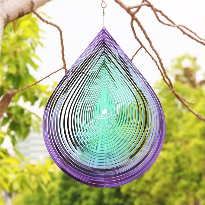 Wind Spinner Garden Indoor Outdoor Decor 3D Stainless Steel Metal Hanging Decorations, Water Droplets Shape Wind Sculptures & Spinners 12inch(Green&Purple),Gifts for Women Mom Dad Friend