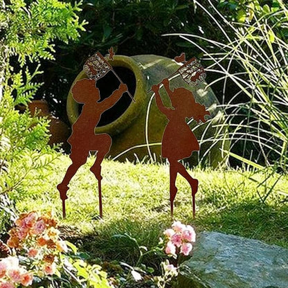 Iron Children Chasing Butterfly Statues Rustic Kids Silhouette Garden Yard Stakes Art Patio Porch Lawn Ornaments (2pcs Boy Girl)