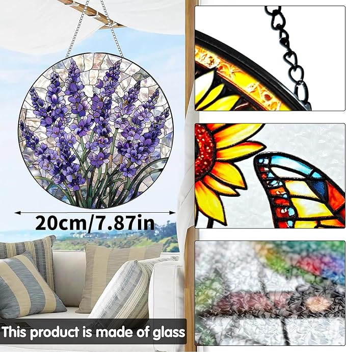 VAIIEYO Lavender Sun Catcher Stained Glass Window Hanging Ornament, Handmade Sun Catcher Flower Decoration with Hooks for Window Garden Home, Mother's Day & Birthday Housewarming Gift (7.8 inch)