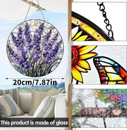 VAIIEYO Lavender Sun Catcher Stained Glass Window Hanging Ornament, Handmade Sun Catcher Flower Decoration with Hooks for Window Garden Home, Mother's Day & Birthday Housewarming Gift (7.8 inch)