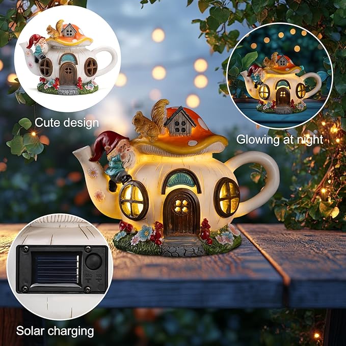 twinbling Solar Fairy House Garden Outdoor Statue with Gnome and Squirrel Figurine, Fairy Garden Accessories for Patio, Lawn, Yard & Balcony, Gifts for Mom Grandma