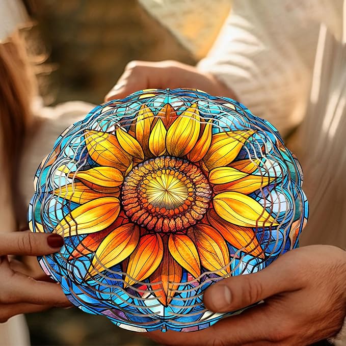 Sunflower Wind Spinner, Sunflower Stained Glass Wind Spinner, Wind Sculpture Sunflower Wind Spinners for Garden Patio Yard Decor