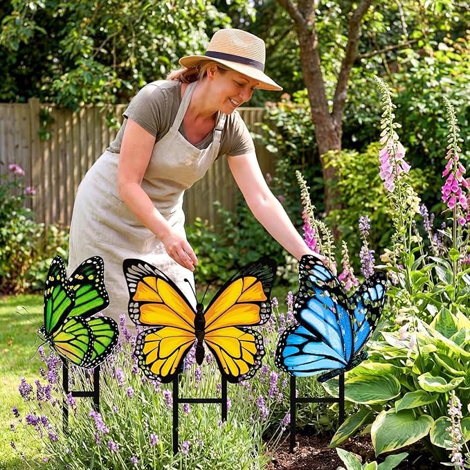 3 Pcs Spring Metal Butterfly Garden Stakes Decor 16.5 Inch Decorative Green Yellow Blue Butterfly Yard Stake Outdoor Insect Decor Metal Garden Art Ornaments for Patio Porch Lawn Backyard