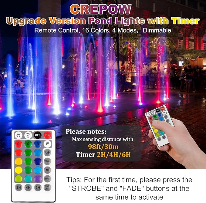 RGBW Pond Lights with Timer, 18 LED Underwater Submersible Fountain Lights Color Changing Landscape Spotlights Remote Control IP68 Waterproof for Fish Aquarium Tank Yard Garden Pool (Set of 6)