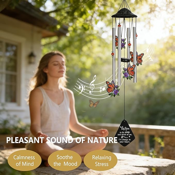 HDCRYSTALGIFTS 34'' Butterfly Wind Chimes Outdoor Large, Butterflies Aluminum Tube Memorial Windchime for Outside with S Hook,Patio Home Garden Decor, Sympathy Gifts for Loss of Loved One
