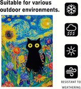 Oil Painting Starry Night Sky Moon Cat Flowers Spring House Flag 28x40 Inch Double Sided Large Burlap Yard Flag Seasonal Farmhouse Outdoor Outside Holiday Decoration