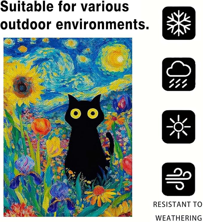 Oil Painting Starry Night Sky Moon Cat Flowers Spring Garden Flag 12x18 Inch Double Sided Small Burlap Yard Flag Seasonal Farmhouse Outdoor Outside Holiday Decoration