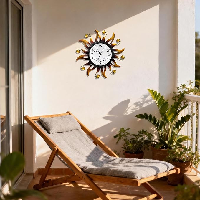 Outable Sun Outdoor Clock Silent No-Ticking Outdoor Clocks Waterproof Decorative Outdoor Clock Thermometer Combo for Patio Garden Outside Decor 13 Inch