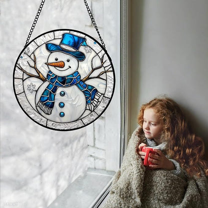 DASTOLL Stained Glass Window Hanging Christmas Snowman Blue White Large 15" - Suncatcher Door Garden Sun Catcher Home Decor Birthday Mother's Day Xmas Gift for Mom Men Woman Her Nana Parents Girl
