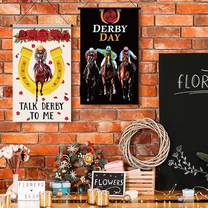 Tegeme 3 Pcs Derby Day Door Banner Derby Day Hanging Flag Decor Roses Horse Racing Festival Door Hanger Sign for Holiday Party Outdoor Indoor Home
