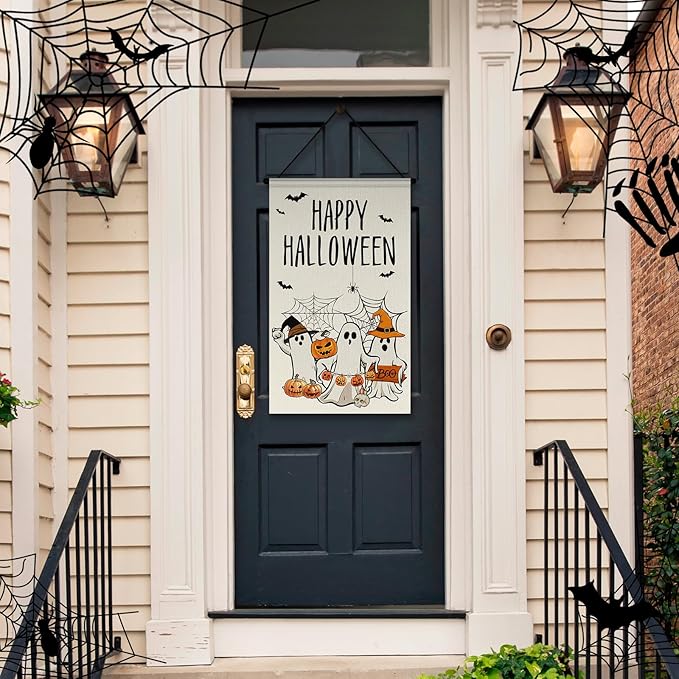 Tegeme 3 Pcs Halloween Door Sign Decoration Happy Halloween Hanging Door Flag Porch Sign Pumpkin Ghost Banner Decor for Home Office Yard Outdoor Indoor Party Supplies