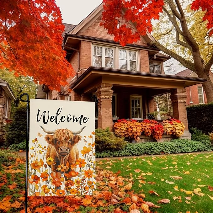 Welcome Fall Highland Cow Garden Flag Highland Cow with Flowers Burlap Yard Flag Seasonal Autumn Bull Butterfly House Banner for Farmhouse Rustic Holiday Outdoor Decor 12x18 Inch