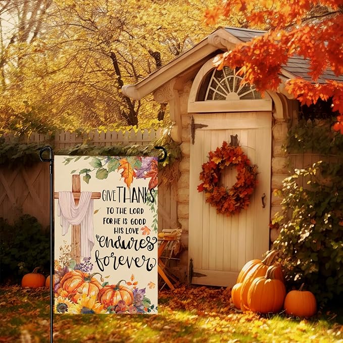 Thanksgiving Garden Flag 12x18 Inch Double Sided Give Thanks to The Lord Cross Yard Garden Flags Burlap Outdoor Fall Pumpkins Flag Holiday Decorations for Outside Home