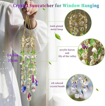 HDCRYSTALGIFTS 15.5 Inch Crystal Suncatcher for Window Hanging Gold-Plated Glass Wind Chimes Sun Catcher with Leaf Flower Beads Chain Rainbow Maker Spring Ornaments for Indoor Outdoor Garden