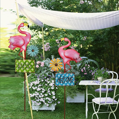 Metal Flamingo Garden Stakes Welcome Yard Sign Decorative Pink Flamingos Ornament Indoor Outdoor Party Stake Lawn Art Patio Backyard Flower Bed Decor (Green, L)