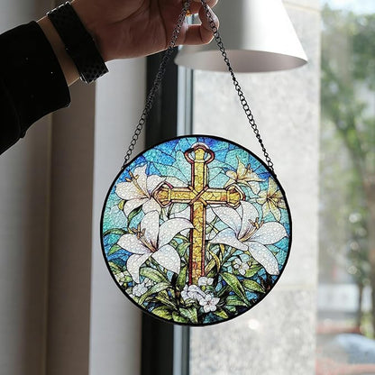 7.88'' Stained Glass Window Hanging, Cross Lily Suncatcher Stained Glass Panel with Hook Chain for Window, Christian Sun Catchers Home Decor Mother's Day Birthday for Women, Men, Wife, Aunt, and Mom