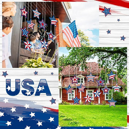 Ferraycle 16 Pcs 4th of July Decorations Outdoor Patriotic Tree Ornaments Memorial Day Hanging Ornaments Large Red White Blue Star Double Sided Plastic Slice for Tree Yard Porch Independence Day Decor