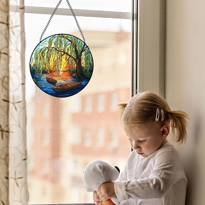 Weeping Sunset Lake Stained Glass Window Hanging, Gifts for Nature Lovers, Weeping Willow Tree Stained Glass Suncatcher Decor Birthday for Mom Men Woman Friend, 7.9x7.9inch