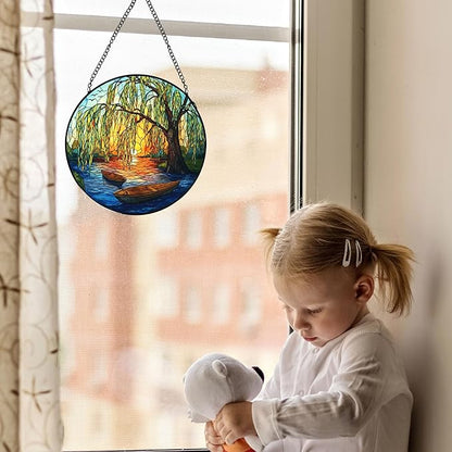 Weeping Sunset Lake Stained Glass Window Hanging, Gifts for Nature Lovers, Weeping Willow Tree Stained Glass Suncatcher Decor Birthday for Mom Men Woman Friend, 7.9x7.9inch