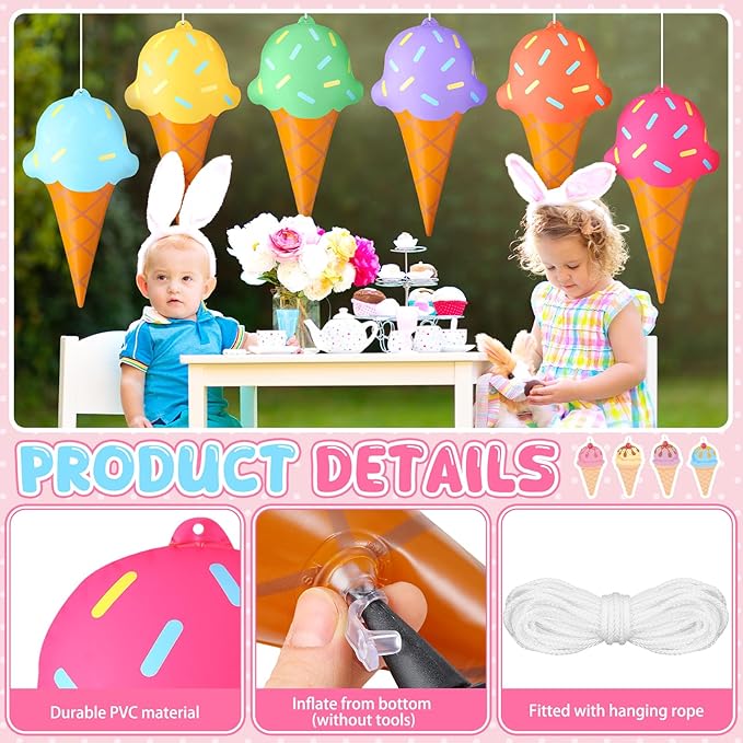 Realspring 12 Pieces 12 Inch Summer Inflatables Outdoor Decorations Ice Cream Inflatable Hanging Ornament Summer Ice Cream Birthday Party Swimming Pool, Beach Decorations for Indoor Outdoor