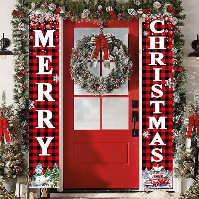 Christmas Decorations Outdoor Yard: Large Red Black Front Porch Sign, Buffalo Plaid Xmas Door Banner, Hanging Merry Christmas Decor for Home School Office Indoor Wall Garage Yard Outside